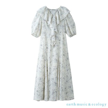 earth music  手繪感花紋荷葉領洋裝