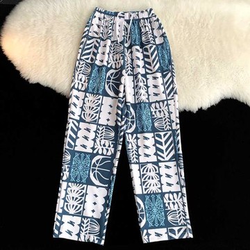 美式松緊腰抽繩滿印籃球運動長褲男生夏季休閑百搭直筒褲薄款寬松