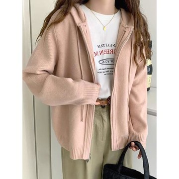 2023秋冬新款純色毛衣外套女慵懶寬松雙拉鏈連帽衛衣加厚開衫上衣