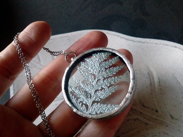 情人節項鍊。玻璃幹蕨類植物項鍊。彩色玻璃壓制蕨類吊墜。