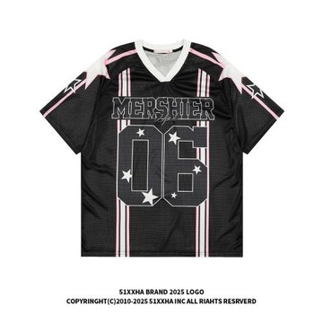 51嘻哈美式復古星星印花6號球衣短袖男女夏季網眼透氣寬松運動T恤