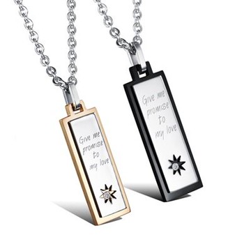 鈦鋼項鍊 情侶對鍊(一對)-經典長方形鑲鑽真愛生日情人節禮物男女飾品2色73cl49【獨家進口】【米蘭精品】