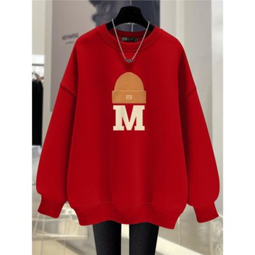 紅色衛衣女寬松加絨2025秋冬新款設計感字母帽子薄款中長款上衣潮