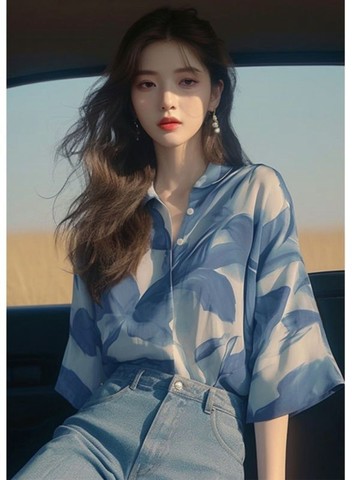 夏季女裝 法式穿塔 甜美氣質 上衣 獨特漂亮小衫 高級感 絕美藍色紮染雪紡 襯衫 女夏裝
