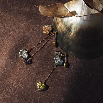 夏日棕櫚葉 不對稱玻璃珠耳環