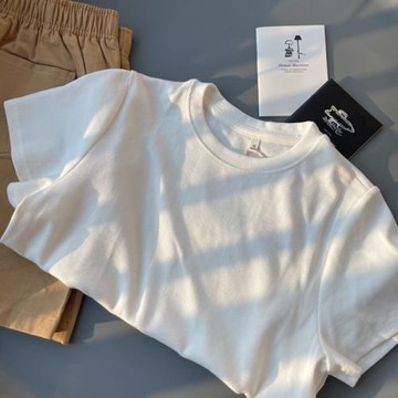 日系白色圓領短款t恤女短袖螺紋彈力正肩純色修身打底小衫上衣夏