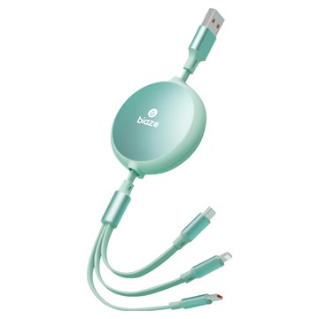 biaze 畢亞茲 伸縮三合一快充傳輸線 USB to Type-C/Lightning/Micro 1.2m  薄荷綠  1條