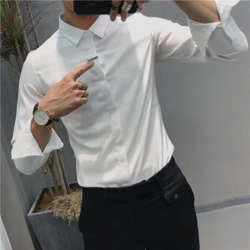潮流時尚純色薄款長袖男白襯衫韓版修身西裝襯衣帥氣純白簡約寸衫
