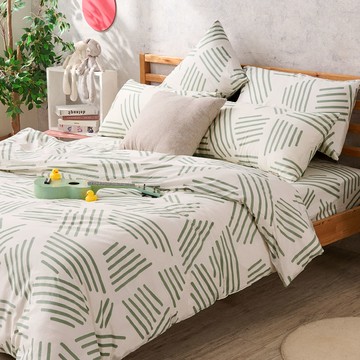 床包枕套組-雙人加大 / 精梳純棉三件式 / 綠條三角 台灣製