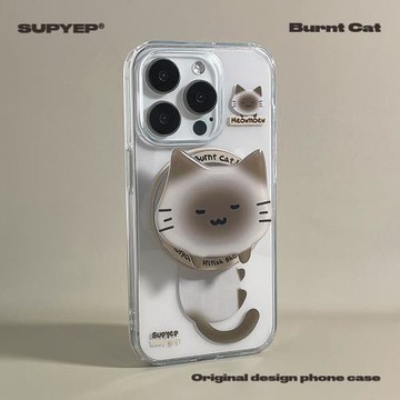 SUPYEP燒焦貓咪透明手機殼磁吸支架卡包白色插卡照片簡約可愛適用iPhone15ProMax蘋果14Pro13