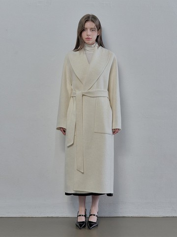 寬鬆羊毛披肩領手工長版大衣 - Cream / Dark gray