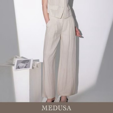 現貨【MEDUSA 曼度莎】米白天絲打褶垂墜長寬褲（M-XL）｜寬褲穿搭 都會穿搭 女長褲
