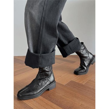 全羊皮后拉鏈短靴女平底英倫風單靴粗跟方頭通勤女靴2025新款冬季