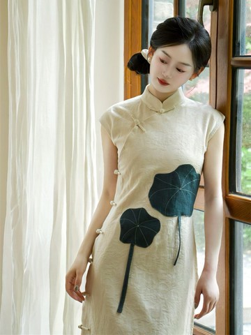 米色 趣味採蓮曲無袖改良旗袍 古法中長款全開襟旗袍 新中式國風