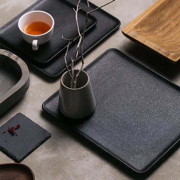 朵頤格魯黑色創意四方盤牛排盤西餐盤子菜盤家用水果盤方形平盤1入