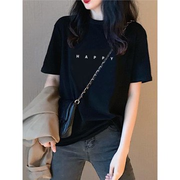 正肩黑色字母短袖t恤女簡約圓領百搭上衣2025夏季新款純棉體恤潮