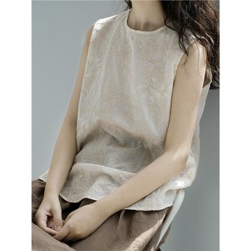 復述新中式國風棉質刺繡舒適簡約小背心米色繡花小衫無袖上衣女