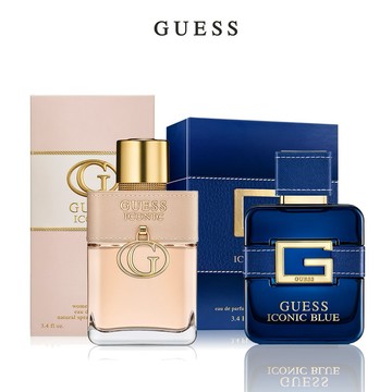快速出貨【GUESS】ICONIC男女對香(鉑金典藏女性淡香精100ml+湛藍典藏男性淡香精100ml.附紙袋)