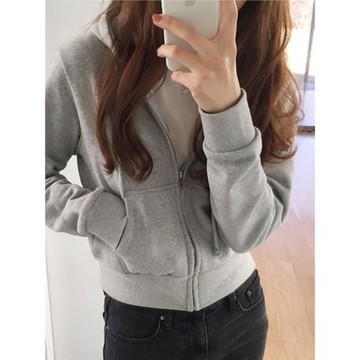 歐貨短款拉鏈衛衣女2025年新款春秋韓版小個子開衫灰色連帽外套潮