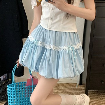 9藍色蝴蝶結短裙 云朵花苞裙女 春夏季甜美蓬蓬短裙 防走光 高腰A字半身裙 包裙裙 蛋糕裙 蕾絲邊裙子
