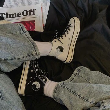 太極潮鞋女鞋子春秋韓版學生高幫帆布鞋復古港味布鞋