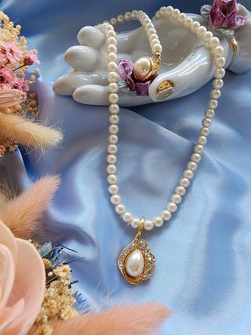 美國西洋古董飾品 / 梨形水鑽吊墜圓潤珍珠典雅項鍊/復古珠寶首飾