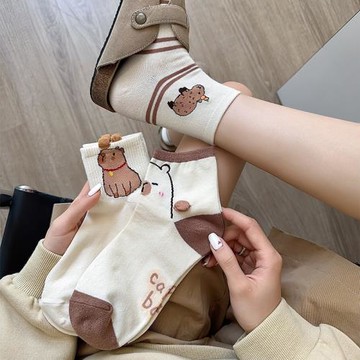 卡皮巴拉水豚小熊襪子女中筒款ins日系可愛卡通運動短筒情侶襪子