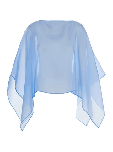 Light-Blue Cape With Long Wide Sleeves And Finishes On The Edges In Silk Woman