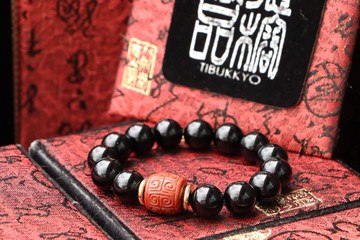 原礦天然黑曜石手珠 12mm 南紅瑪瑙回紋隔珠 佛珠 念珠 飾品 手鍊