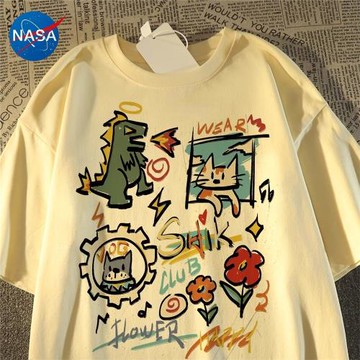 NASA日系復古卡通涂鴉印花短袖t恤女男夏2025情侶oversize上衣ins
