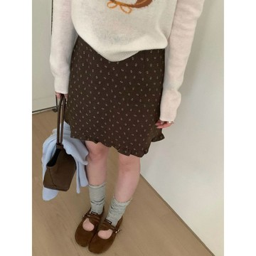 【PING'S🌞】碎花毛呢半身裙女秋冬大碼咖色顯瘦木耳邊短裙高腰復古韓系a字裙
