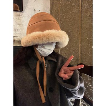 yaoshushu/御寒帽～高品質冬季厚實保暖百搭麂皮絨綁帶毛毛帽子女