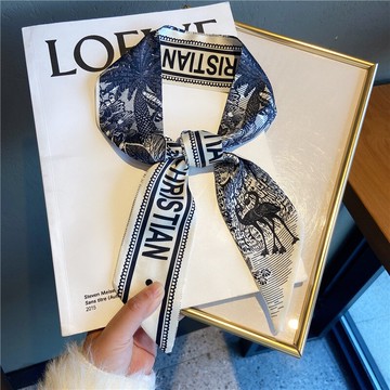 法式時髦花草不死知更鳥絲巾窄細長條復古氣質ins綁發飄帶綁包