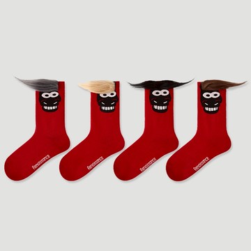 新年紅色襪子女中筒襪長襪可愛搞怪馬