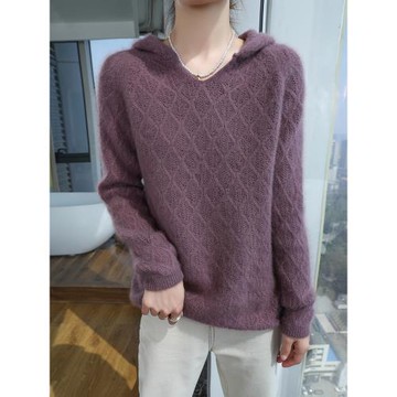 2025秋冬款連帽女寬松v領慵懶風外穿上衣貂絨毛衣鏤空羊毛針織衫