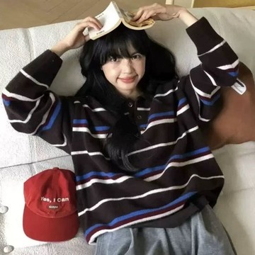 韓系秋新款拼色長袖POLO領復古針織衫寬鬆洋氣條紋上衣外穿女
