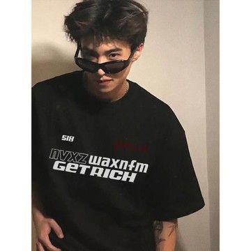 美式創意字母印花純棉短袖T恤男夏季重磅寬松hiphop正肩半袖上衣