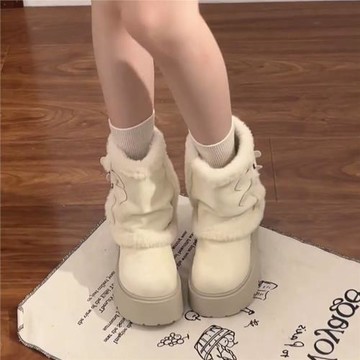 白色厚底雪地靴女2025年新款冬季加絨保暖毛毛短靴小個子增高棉鞋