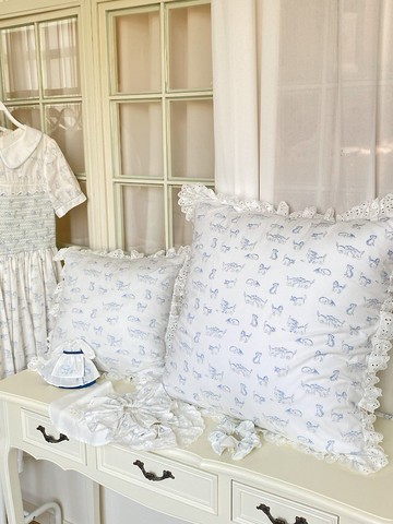 藍色小貓圖案  印花布蕾絲花邊 抱枕發圈 手提袋