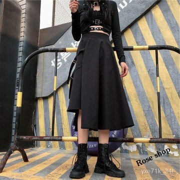 原宿風高腰不規則工裝裙 女春夏新款ins超火A字長裙 復古顯瘦半身裙 半身裙 長裙 工裝裙 a字裙 洋裝