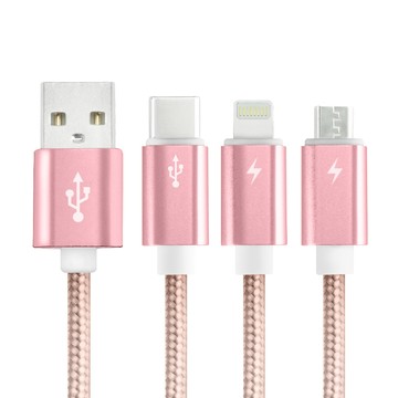 RONEVER 鋁合金三合一快充線-玫瑰金 Lightning/Micro USB/Type-C(VPC146)-120CM