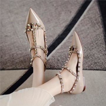 2024春秋新款鉚釘尖頭平底單鞋女真皮綁帶淺口朋克柳釘平跟芭蕾鞋