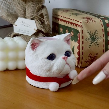 曙MUSE｜水泥扁臉白貓燭臺 小植栽座 蠟燭 禮物