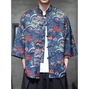 唐裝仙風道骨襯衫短袖2025夏季新中式國風男裝印花寸衫盤扣男上衣