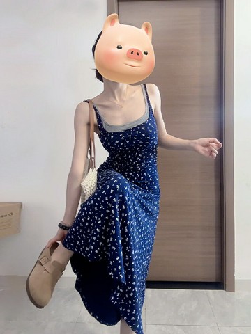 假兩件碎花吊帶連衣裙子女夏季度假沙灘長裙【木屋雜貨】