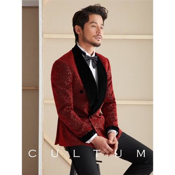 亮面貼片宴會禮服套裝男青果領雙排扣主持人新郎結婚西裝兩件套