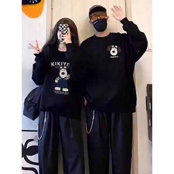 秋冬情侶裝圓領黑白重磅純棉加絨加厚飛行狗卡通印花大碼男女衛衣