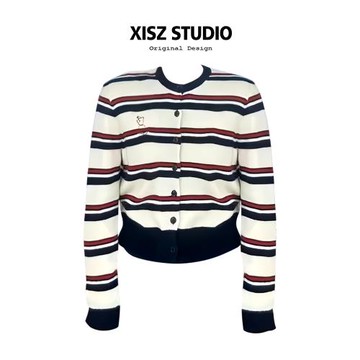 復古miu系修狗刺繡條紋針織開衫女秋季寬松慵懶減齡顯瘦毛衣外套