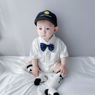 春秋夏季紳士男寶寶包屁衣短袖領結襯衫連體三角哈衣百天周歲爬服