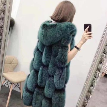 整皮狐貍毛馬甲連帽外套女中長款加長款海寧皮草新款顯瘦